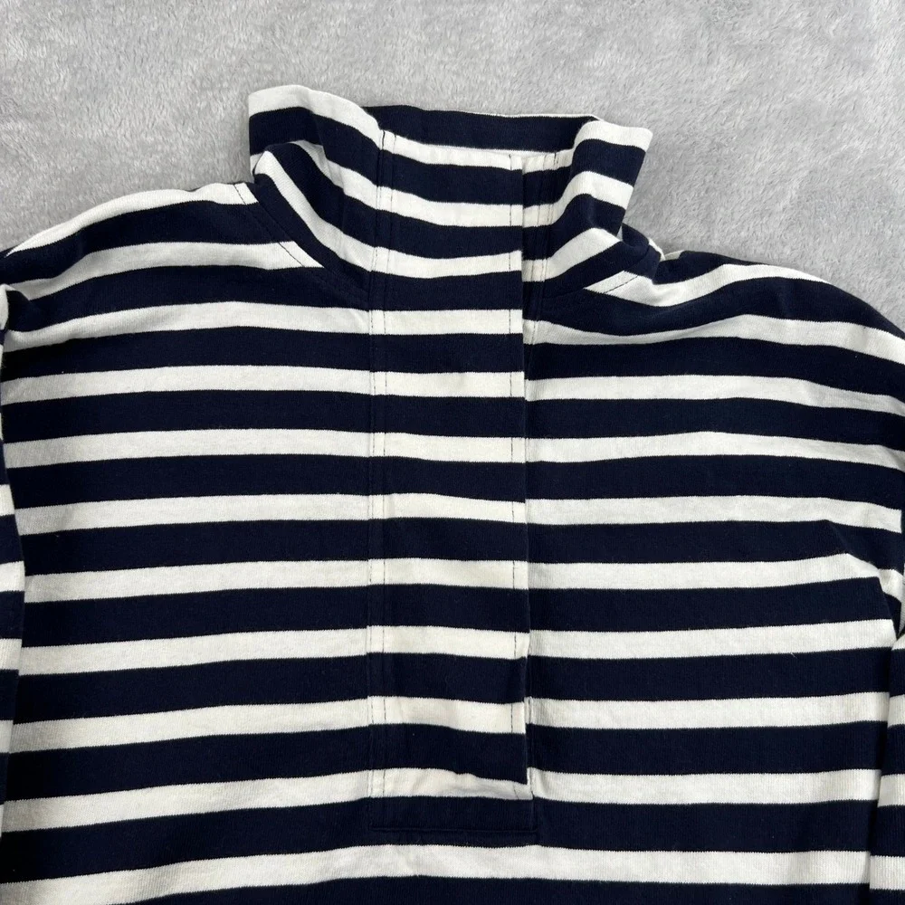 J. Crew Striped Funnel Neck Snap Pullover Womens L Navy White Nautical Preppy
